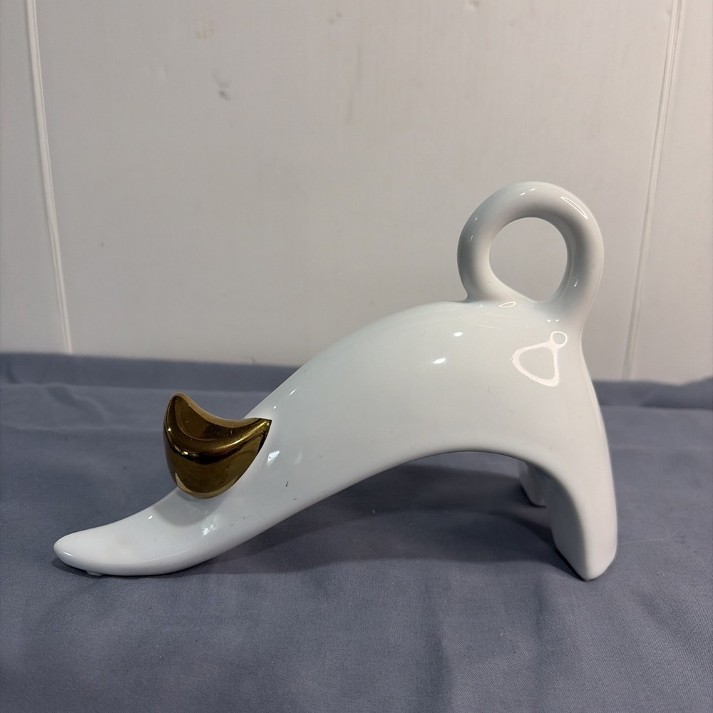 MCM Style Pickens Animal Figurine Stretching Cat Gold & White  7.25"x4.5"